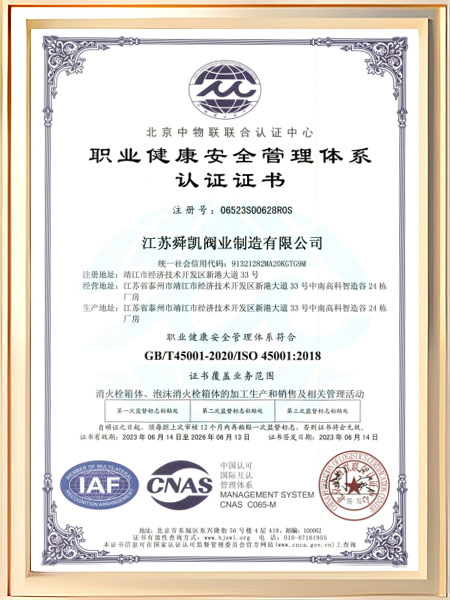 职业健康安全管理体系认证证书（中文版）